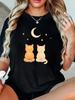 Womens Breathable Slim Cat Moon Print Cute Sleeping Cat Paw Print Design Round Neck Sleeve Casual Summer Top Versatile Casual