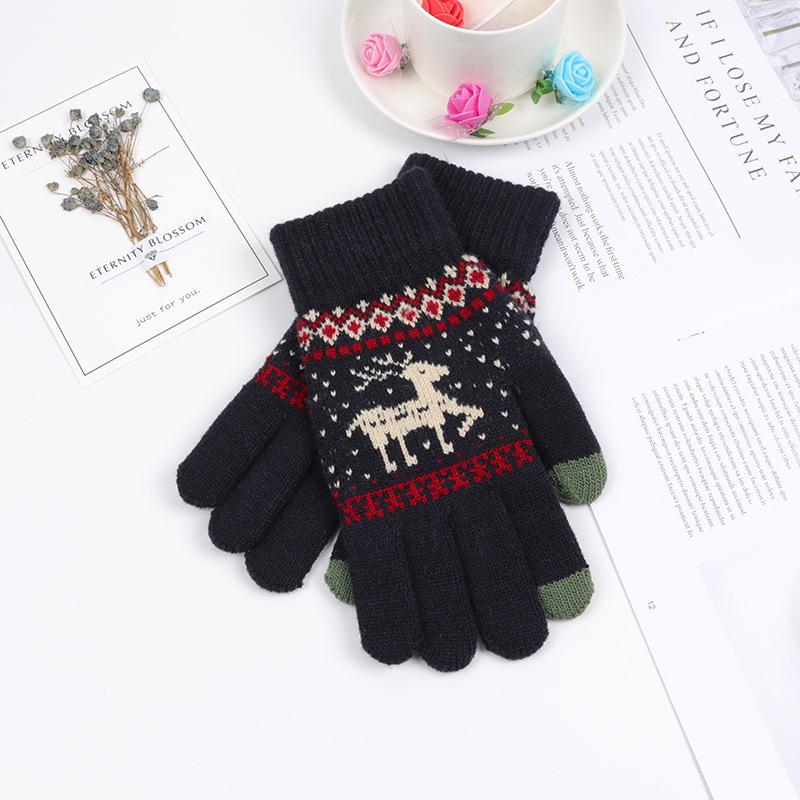Korean Style Women's Warm Touch Screen Wool Gloves with Elk Print - Autumn/Winter Fashion, Christmas Couple Edition.