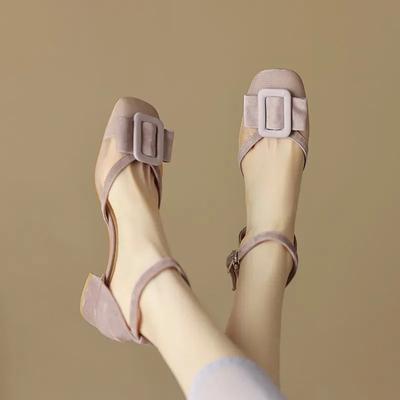 2024 Lente Zomer Mesh Holle Hoge Hakken Merk Strik Vierkante Gesp Sandalen Ins Stijl Damesschoenen Feest Bal Dikke Hak Pumps
