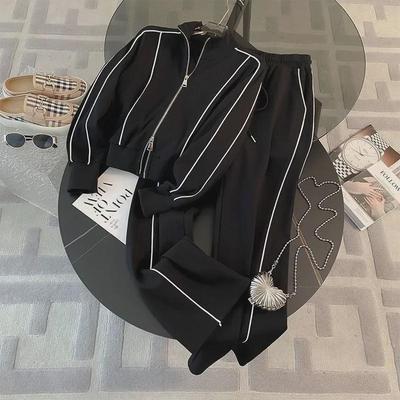 Jesienna Modna Streetwearowa Odzież Damska: Dwuczęściowy zestaw: Bluza rozpinana na zamek i spodnie z szerokimi nogawkami, Odmładzający i wszechstronny.