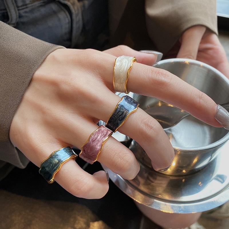 Elegent Vintage Wave Enamel Drip Glaze Rings For Women Korean Handmade Graffiti Open Ring Bohemia Jewelry Travel Gifts