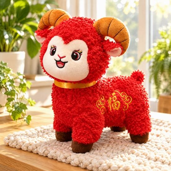 Traditional Gift for Kids Lucky Sheep Plush Toy, Chinese New Year Zodiac Mascot with Fu Stuffed Animal Toy Embroidery, Red Curly Fur Doll Company