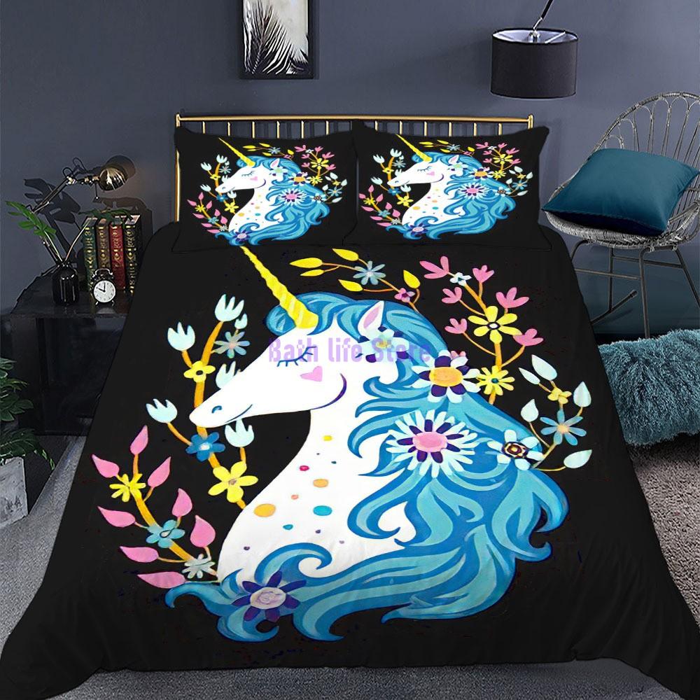 Cartoon Unicorn Lucky Kids Girls Pink Bedding Set Cartoon Duvet Cover Bedcllothes Animal Printed Queen King Size Bed Linens