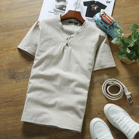 Men's Summer Cotton Linen V-neck T-shirt and Pants Two-piece Set - Plus Size