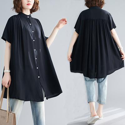 Solid Color A-shaped  Shirt Women's Loose Plus Fat Breasted Stand-up Collar Irregular  Shirt