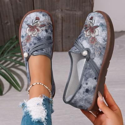 Chaussures Brodés pour Femmes, Chaussures en Toile Printemps, Chaussures Décontractées Style Ethnique à Bout Peu Profond et Semelle Souple, Chaussures Simples Confortables à Fond Souple