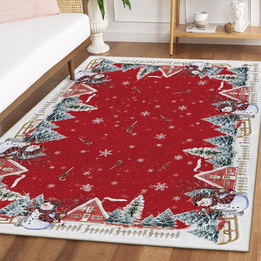 Christmas Carpet Christmas Tree Reindeer Floor Mat Living Room Sofa Decor Rug Bedroom Bedside Rug Washable Holiday Floor Mat