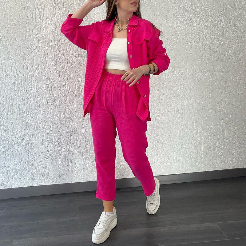 2024 Plus Size Women's Casual Crepe Loose Lapel Long Sleeve Shirt Set - European & American Style