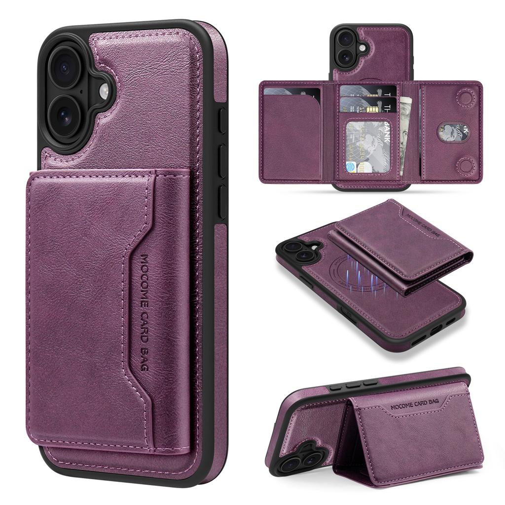 For iPhone 16 Plus Magnetic Case Leather Back Phone Cover with Detachable Card Bag