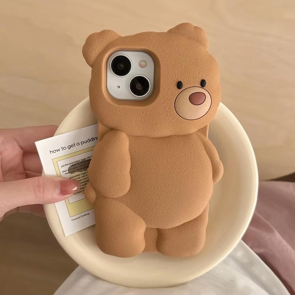 3D Cute Bear Silicone Case for 13-16 Pro Max with INS Cartoon Design Shockproof 360 Protection
