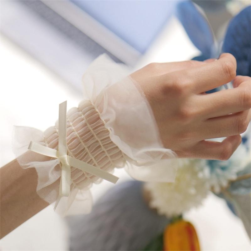 Women Wrist Cuffs Ribbon Bow Removable Ruffled Wedding Supply Bride Dress False Sleeves Tulle Flared Sleeves