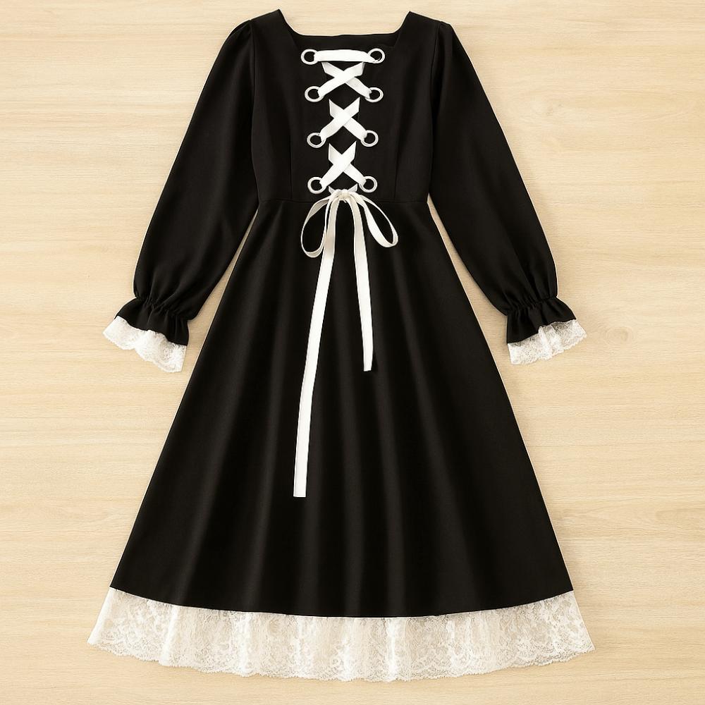 A-line Girls Long Dress Slim Fit Puff Long Sleeved Dress Fashion Lace Princes Dress  Ladies