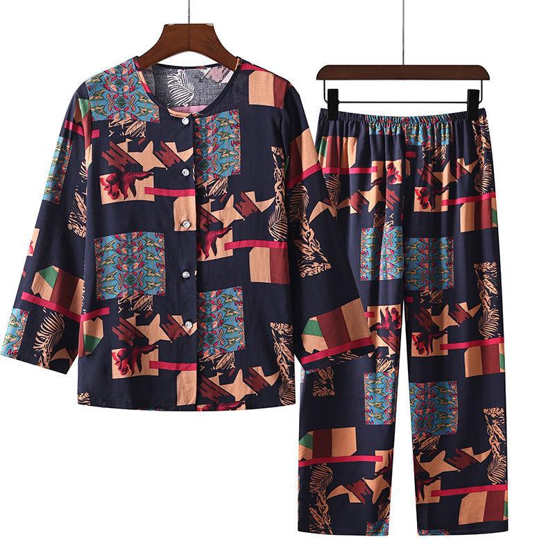Damen Frühling und Sommer Bequemes Leichtes Homewear-Set für Mittelalte und Ältere Langarm-Oberteile + Hose Zweiteiliges Set