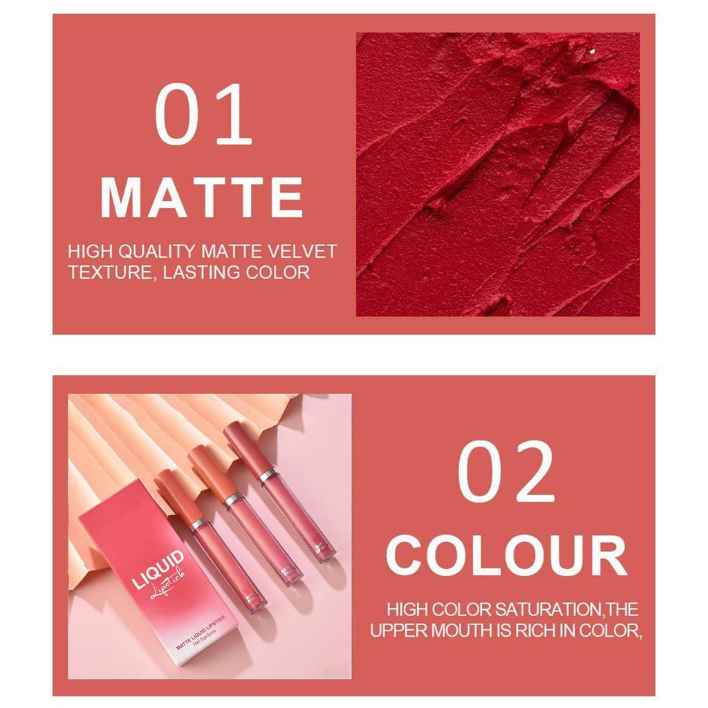 Long-Lasting Velvet Matte Lipstick 3Pcs – Water Resistant Daily Liquid Lip Color