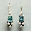 Vintage Square Inlaid Blue Synthetic Zirconia Imitation Pearl Dangle Earrings for Women Eleagnt Pendant Banquet Wedding Jewelry