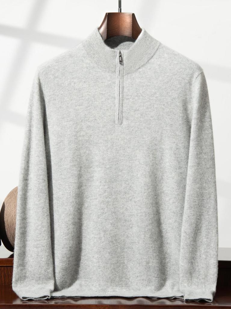 Eleganter Herren-Halbreißverschluss-Kaschmirpullover, einfarbige Strickware mit Stehkragen, Business Casual Pullover