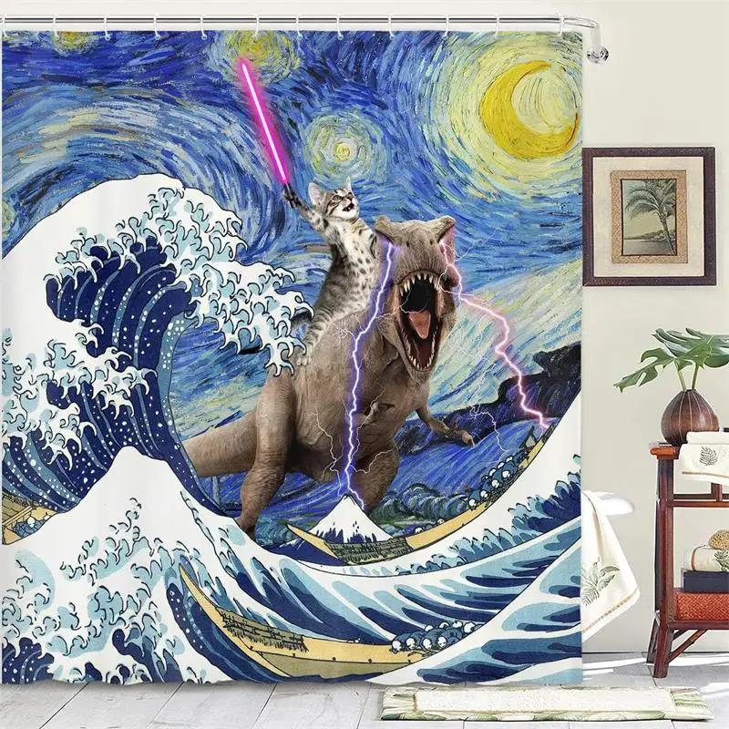 Funny Octopus Shower Curtains Marine Animal Mermaid Sailboat Vintage Nautical Map Bath Curtain Fabric Bathroom Decor with Hooks