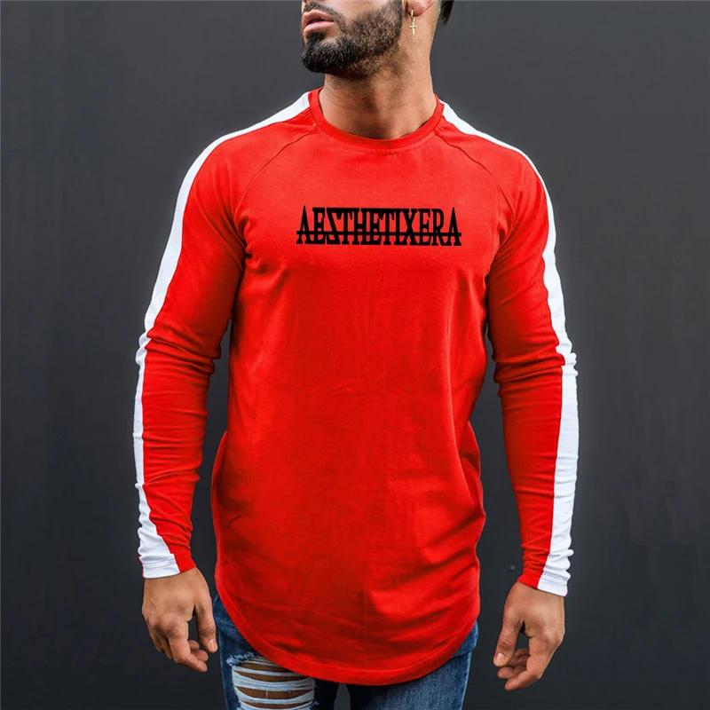 Мужская хлопковая тренировочная одежда Muscleguys для фитнеса осенние спортивные футболки с длинными рукавами и графическим принтом с буквенным принтом L 1525₽