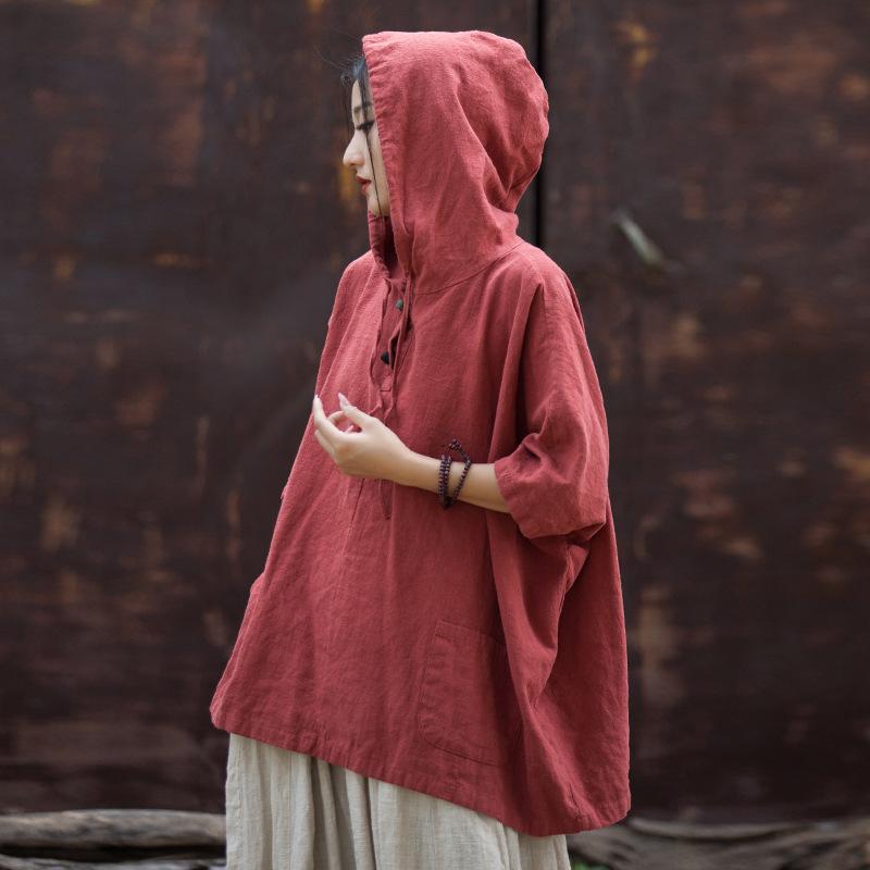 Women's Cotton Linen Hooded Frog Button T-shirt - Autumn/Winter Short Sleeve Sun Protection