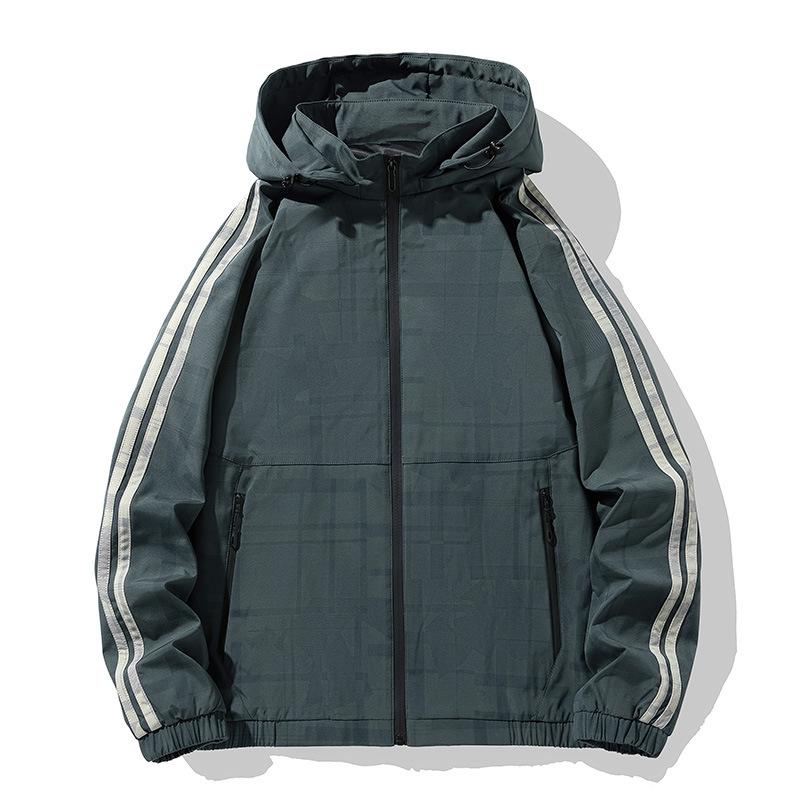 

Мужское осенне-зимнее новое пальто, мужская корейская версия универсальной простой куртки, мужская полосатая функциональная ветровка с шапкой XXXXL