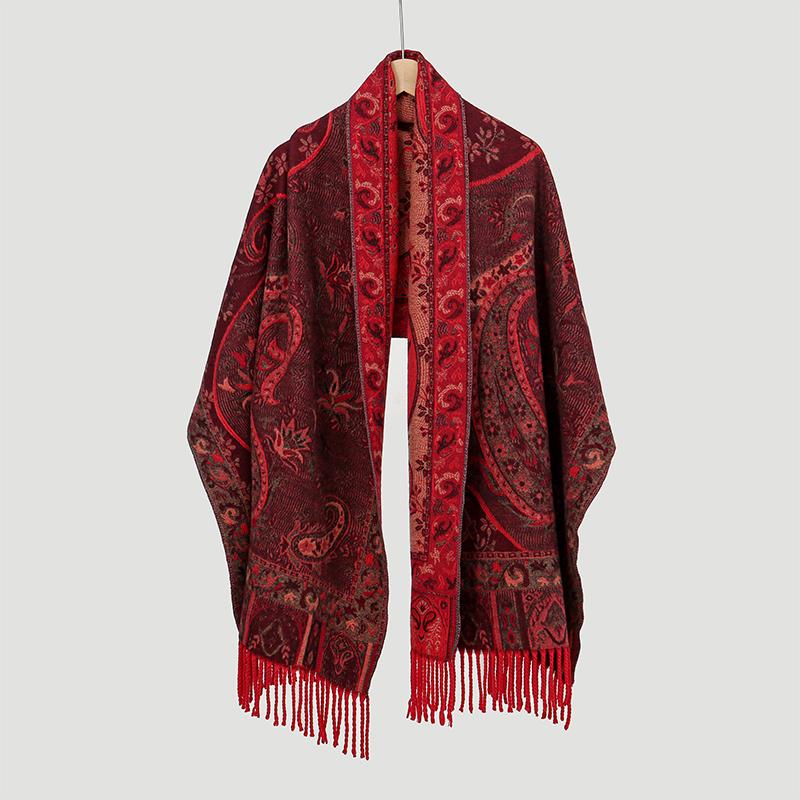 Thick Ethnic Flowers Pashmina Autumn Warm Shawls Tassel Blanket Wrap Cashmere Scarf for Women Poncho Stoles Scarves Bufanda
