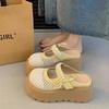 7Cm thick-soled bag head half-drag women's shoes 2025 summer versatile bow pearl mesh hollow breathable outer shoes