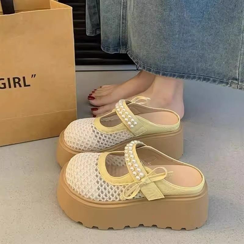 7Cm thick-soled bag head half-drag women's shoes 2025 summer versatile bow pearl mesh hollow breathable outer shoes