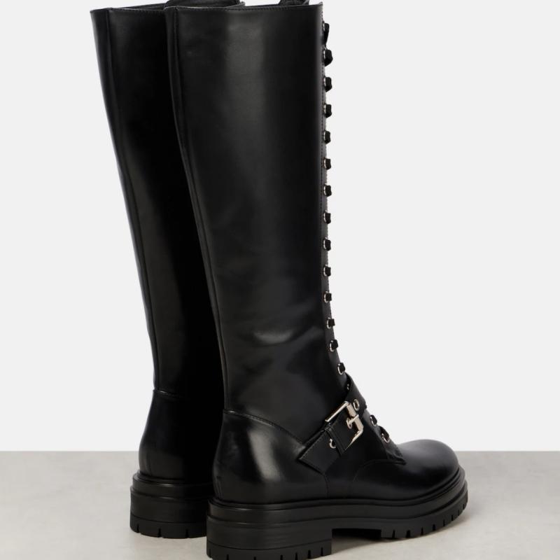 Quality Women's Knee High Boots Black Genuine Leather Winter Shoes Block Heels Lace-up Riding Boot Footwear Shoes Ladies Brand