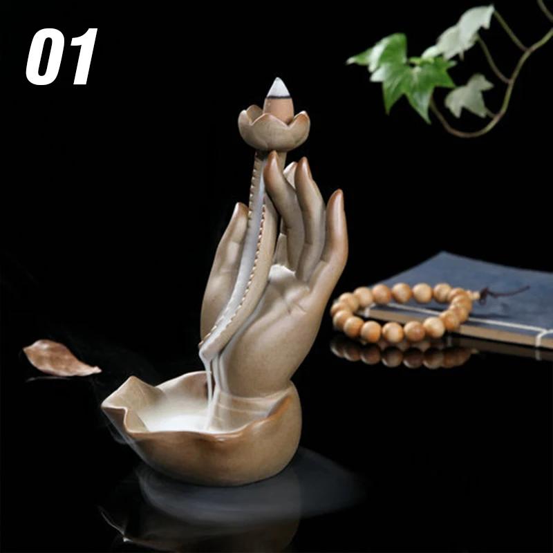 

Buddha Hand Lotus Backflow Incense Burner Zen Home Decor with Agave Insert Plate for Relaxation and Meditation