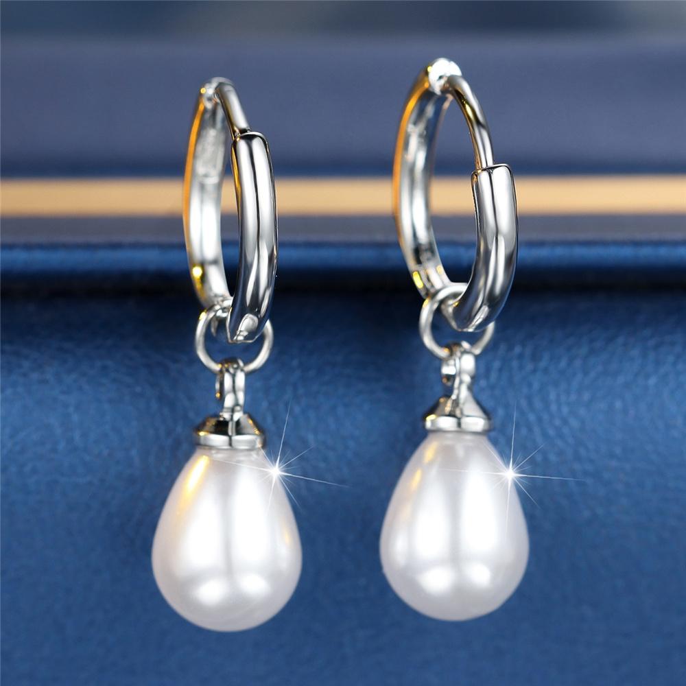 Pendientes de Aro con Piedra Blanca Perla Gota de Agua Vintage Moda Color Oro Plata Boda Para Mujeres