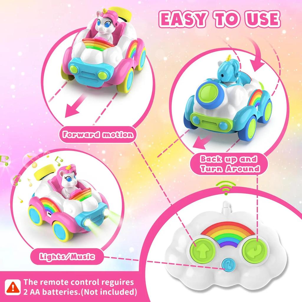 2pcs Remote Control Cars 2.4Ghz RC Cars Kids Unicorn Car Toys With Colored Lights, Music And Sound For Ages 2-6 Toddler