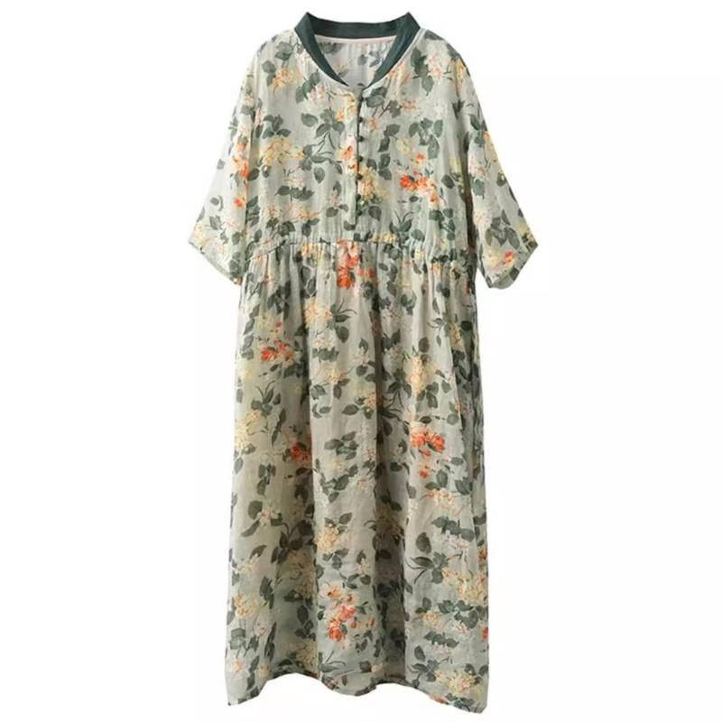 Johnature Women Vintage Dress Print Floral High Quality Stand Half Sleeve Chinese Style Cloths Summer Dress