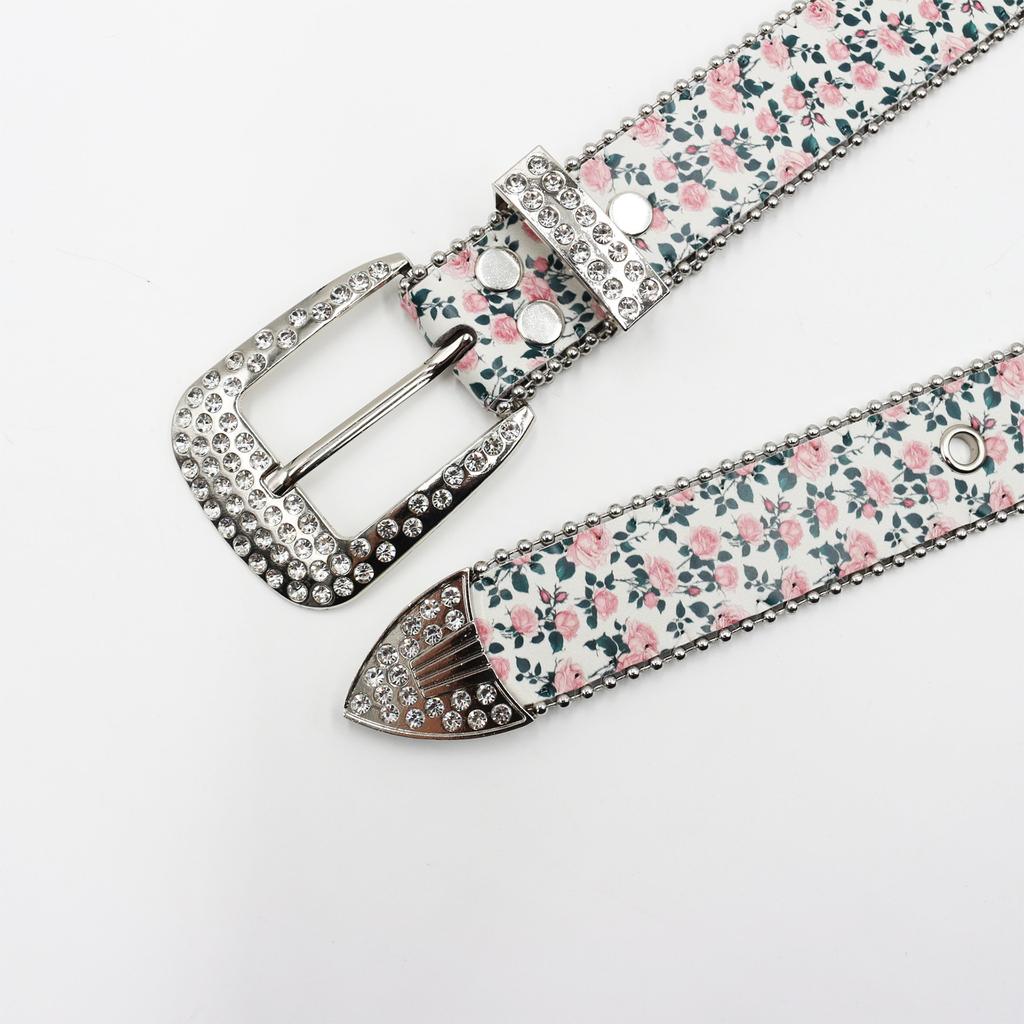 Rhinestone Belt Printing, European and American Popular Versatile Pink Rose Flower Belt PU Belt