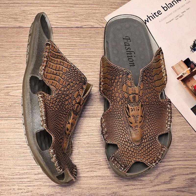 Fashion Crocodile Pattern Men's Summer Flats Breathable Sandals Male Leather Slippers Comfortable Slip-on Half Shoes Cool Casual Slides
