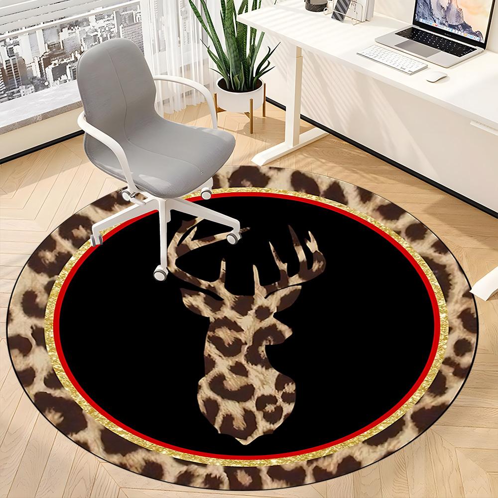 1pc Leopard Print Deer Head Chair Carpet for Office, Round Polyester Mat, Indoor Decor for Office, Easycare Fabric, Washable Non-slip Area Carpet