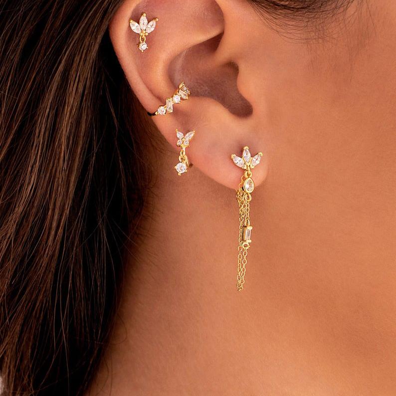 Romantic Women's Tassel Chain Stud Earrings Multi-Piercing Fashionable Brass Jewelry Tear Drop CZ Zircon Stone Triple Row Cross