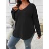 Top informal de punto acanalado vertical de manga larga con cuello en V para mujer, holgado, talla grande
