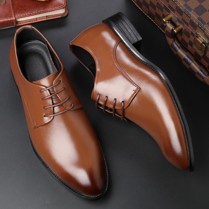 Mens Breathable Leather Dress Shoes Formal Business Footwear Pointed Toe Lace Up Flat Sole Groom Wedding Shoes Simple Leisure