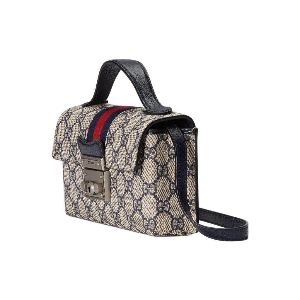 Gucci GG Supreme Padlock Mini Top Handle Bag Beige Canvas Blue Leather Silver Hardware Daily Use 652683-96IWN-4076