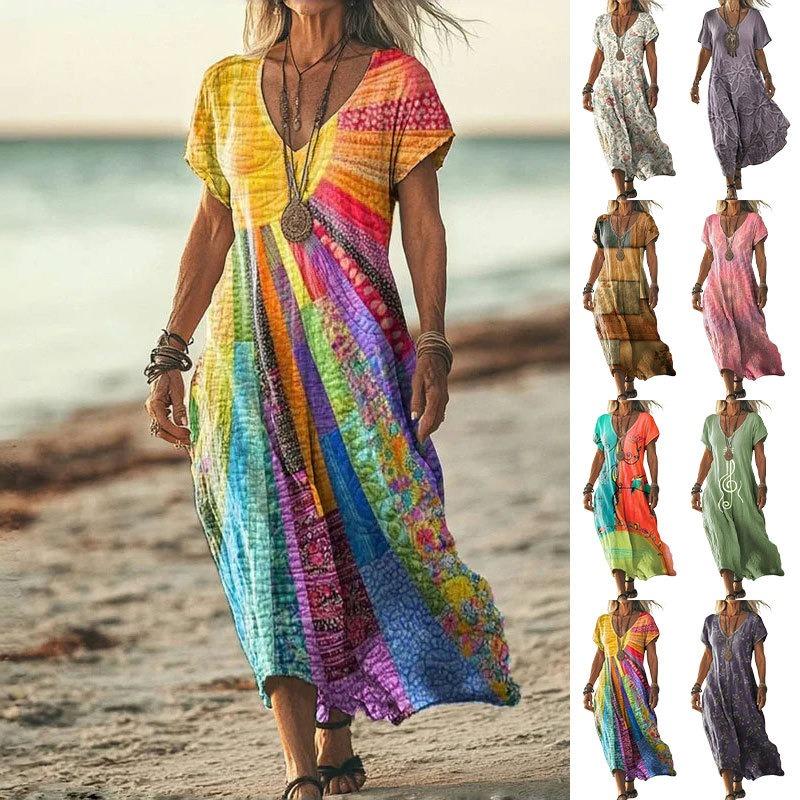 

Spring and Summer Art Floral Print Casual V-neck Long Dress 5XL