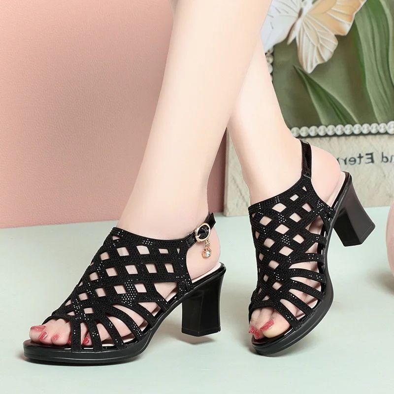 Soft Leather Hollow High Heel Comfortable Roman Sandals Summer Breathable Fashionable Versatile Fish Mouth Women Elegant Sandals