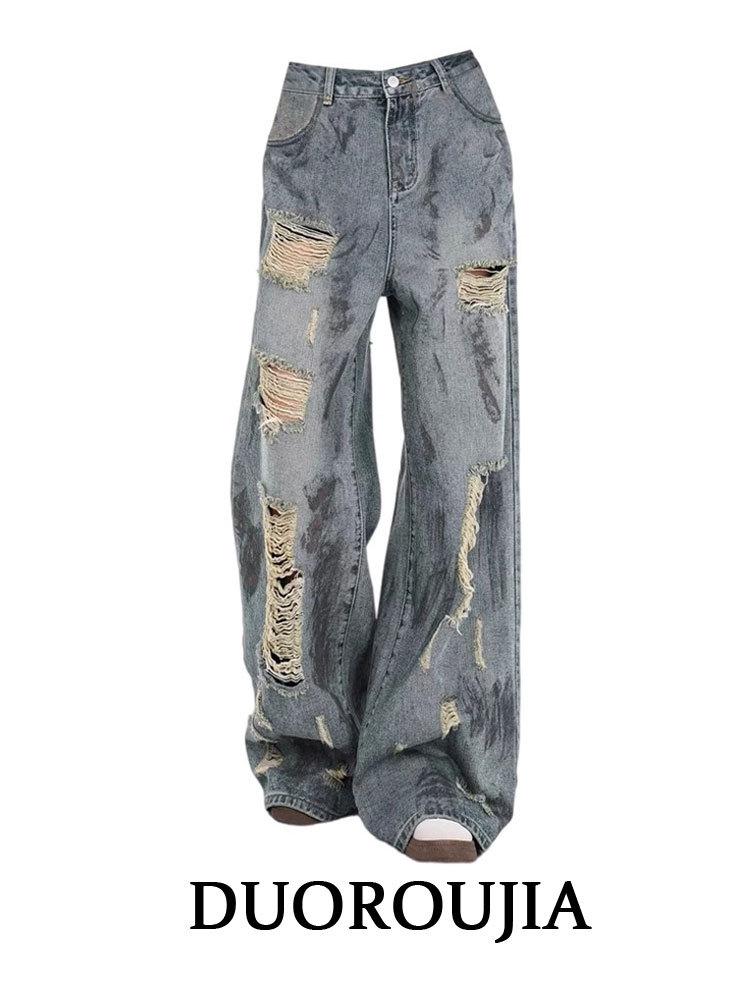 Women s Retro Blue Wide-Leg Ripped Jeans - Summer American High Street Style 2XL синий