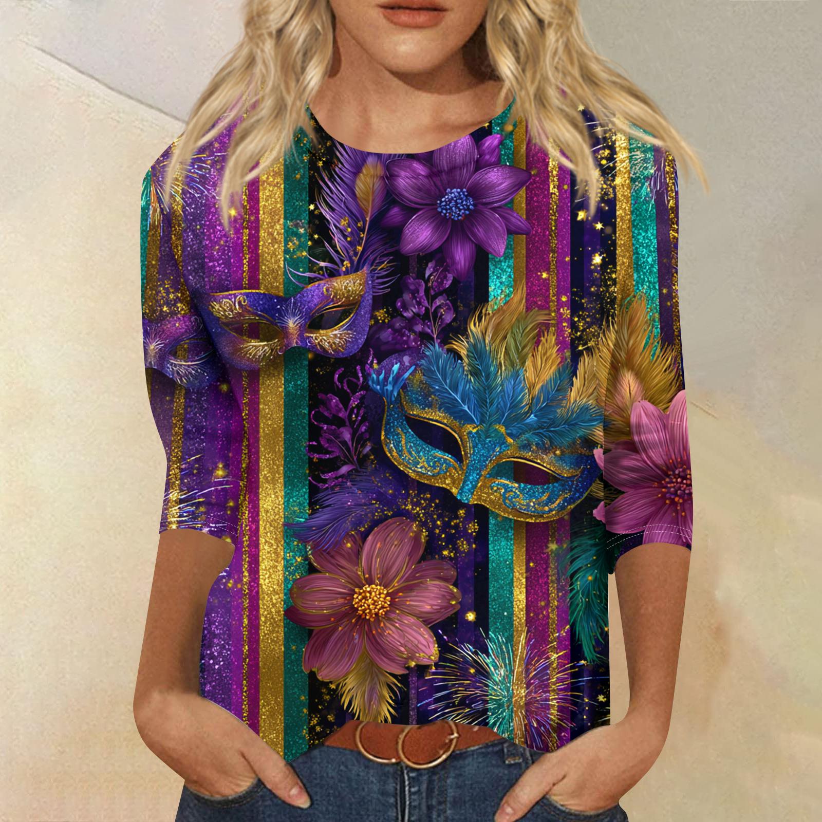 

Women s Fashion Casual Round Neck Three-quarter Sleeve Carnival Print T-shirt Top S