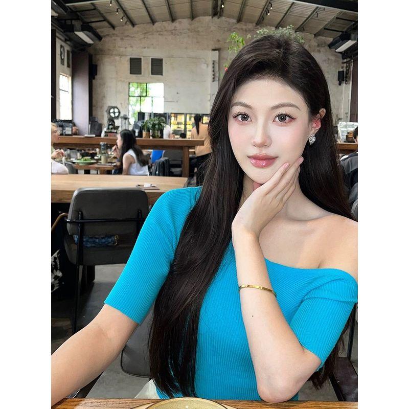 Blue Diagonal Collar One Shoulder Knitting Short Sleeve T-shirt Female French Style Design Silm Slimming Short Top Fall Base