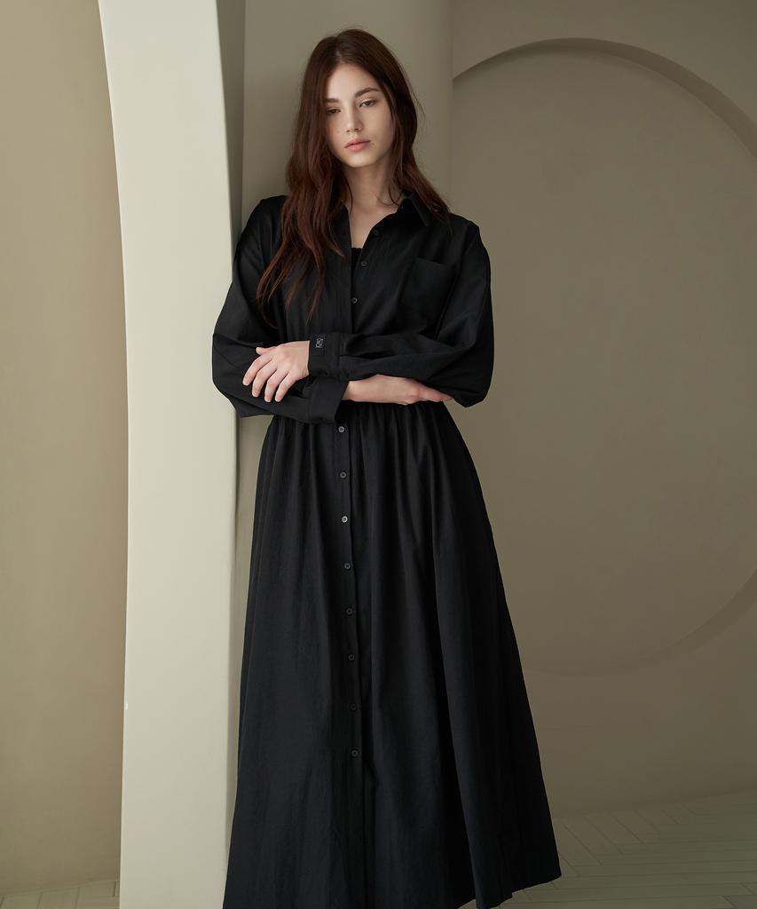 Dijainowol Collar Shirred Long Maxi Dress_Black