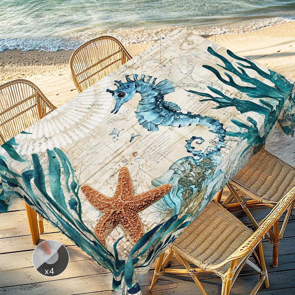 1 Piece Of Summer Retro Ocean Theme Printed Tablecloth, Seahorse, Seaweed, Starfish Pattern Design, Suitable For Spring And Summer Camping Style Picni