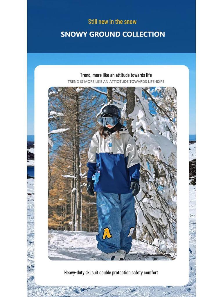 Ice Degree Unisex Color Block Wasserdichte Skijacke mit Kapuze und Plüschfutter für Outdoor Single/Double Boarding