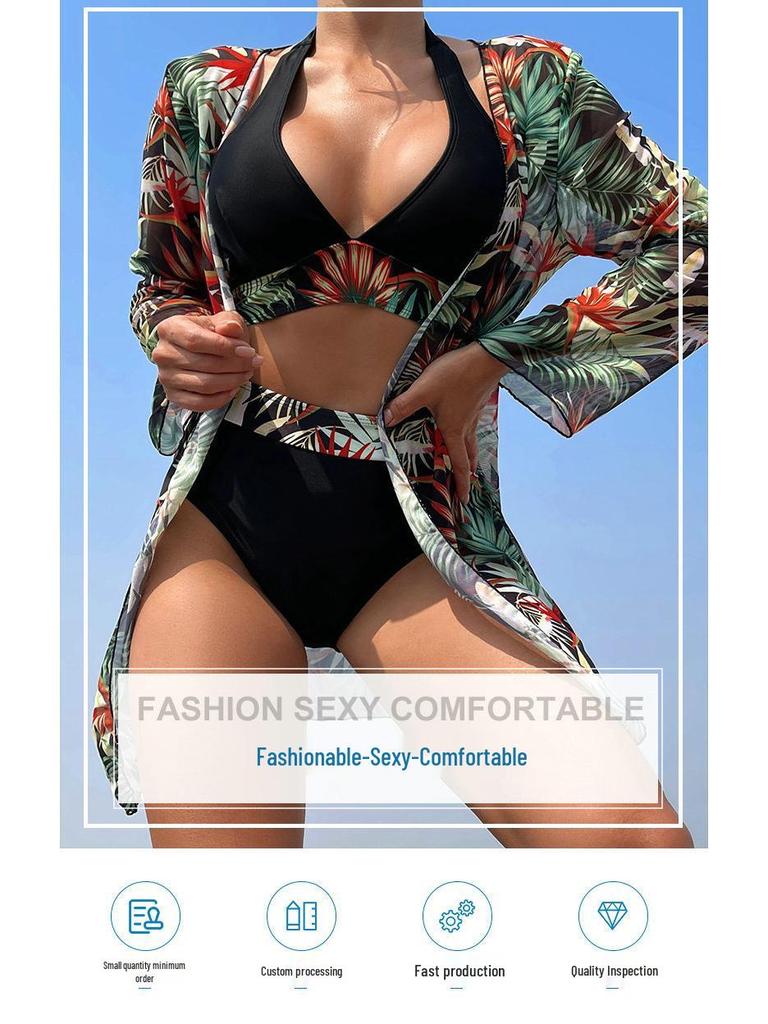 Huludao 2024 Slimming Women's European & American High-Waisted Three-Piece Swimsuit Set