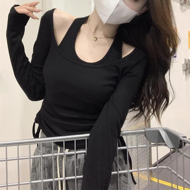 2KWEIRD Black Shirts for Women Ropa Mujer Fashion Tunci Drawstring Tshirts Y2k Clothes Tunic Crop Tops Korean Sexy Woman Tshirt