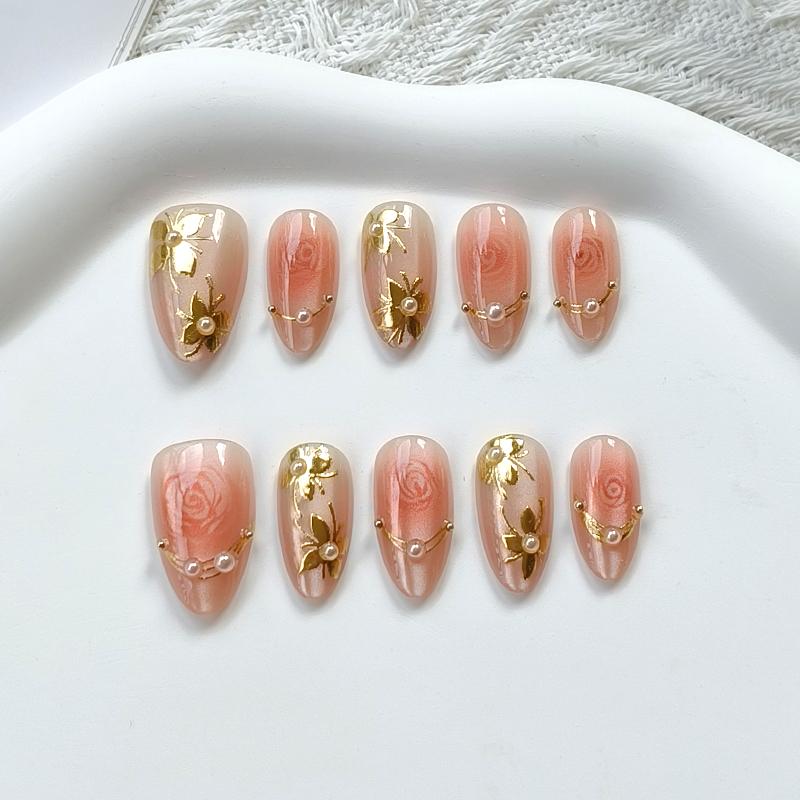10Pcs French Short Almond Press On Nails Spring Green Gilded Drip Glue Cute Flower Fake Nails